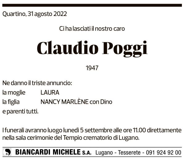 Annuncio funebre Claudio Poggi