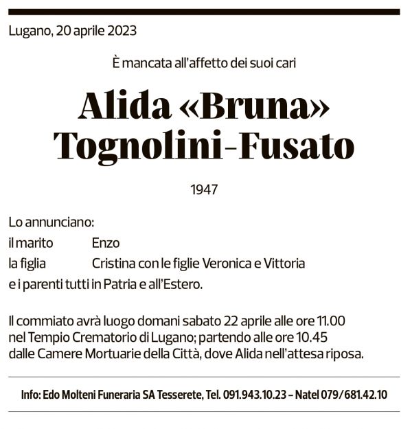 Annuncio funebre Alida Bruna Tognolini-fusato