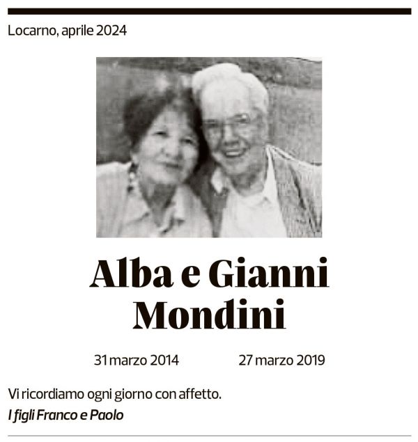 Annuncio funebre Alba Mondini Gianni Mondini