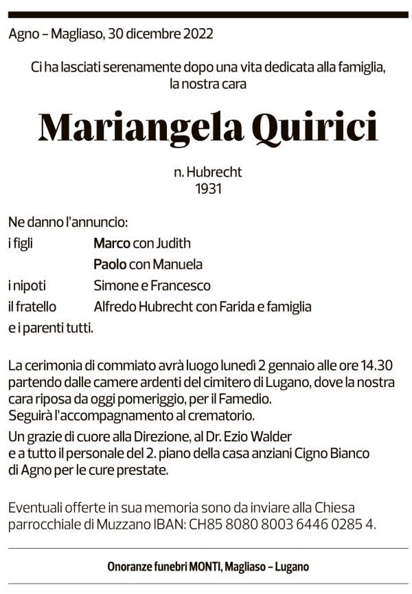 Annuncio funebre Mariangela Quirici