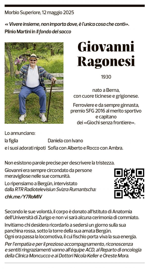 Annuncio funebre Giovanni Ragonesi