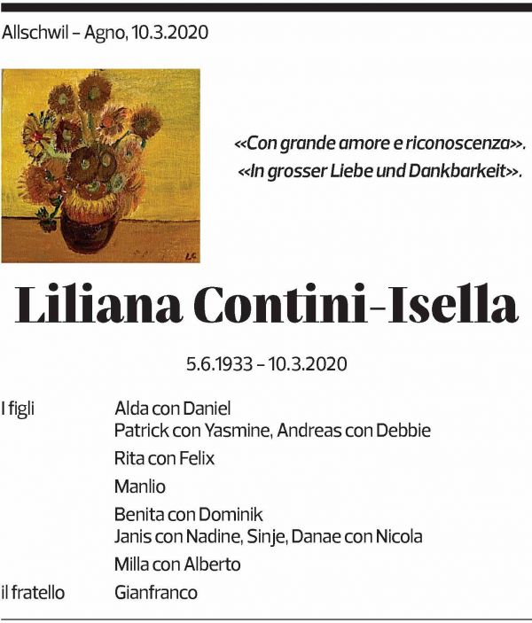 Annuncio funebre Liliana Contini-isella