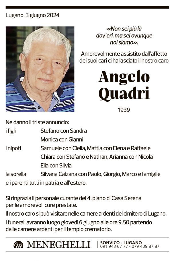 Annuncio funebre Angelo Quadri