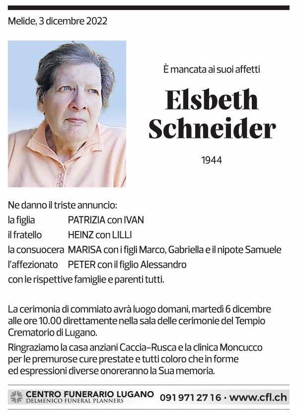 Annuncio funebre Elsbeth Schneider