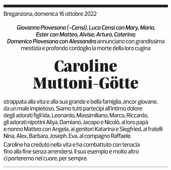 Annuncio funebre Caroline Muttoni-götte