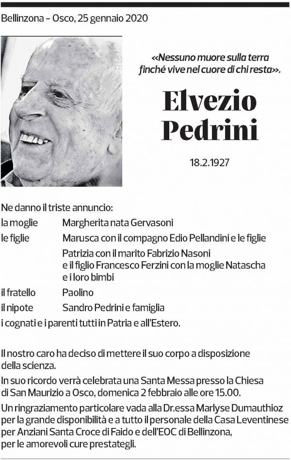 Annuncio funebre Elvezio Pedrini