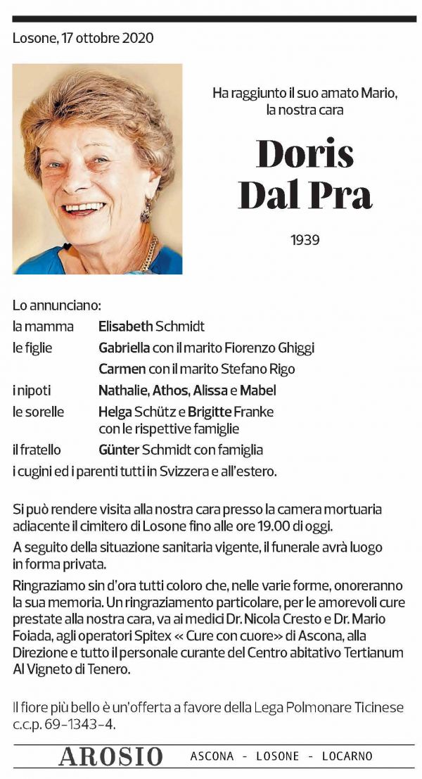 Annuncio funebre Doris Dal Pra