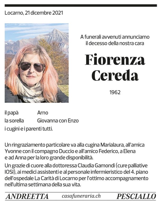 Annuncio funebre Fiorenza Cereda