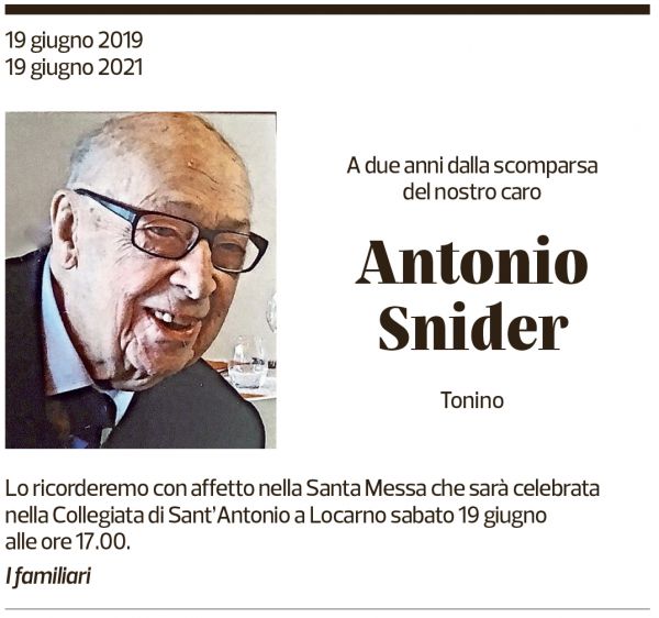 Annuncio funebre Antonio Snider