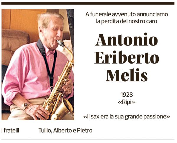 Annuncio funebre Antonio Eriberto Melis