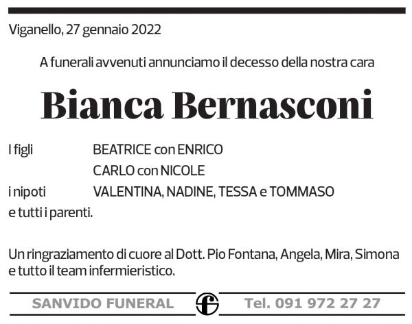 Annuncio funebre Bianca Bernasconi