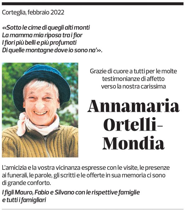 Annuncio funebre Annamaria Ortelli-mondia