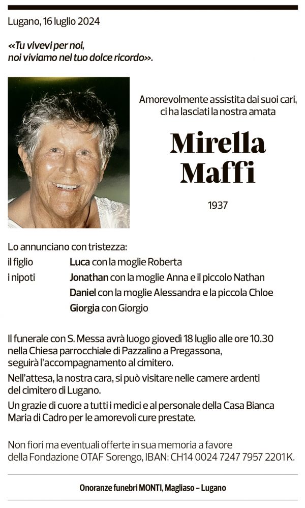 Annuncio funebre Mirella Maffi