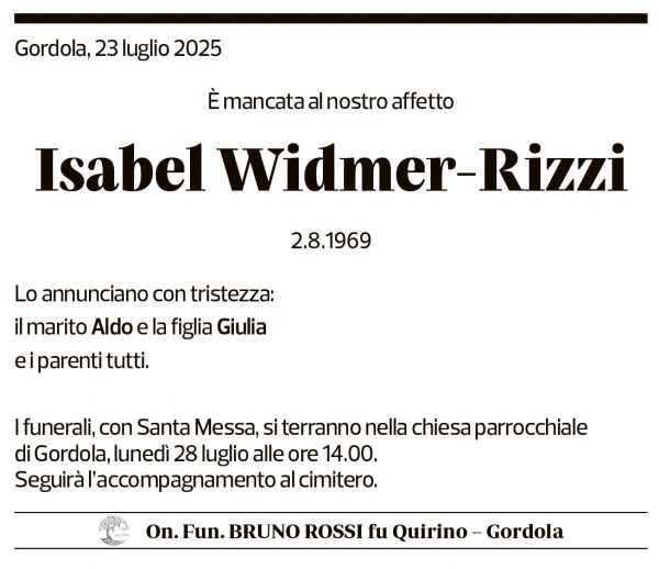 Annuncio funebre Isabel Widmer-rizzi
