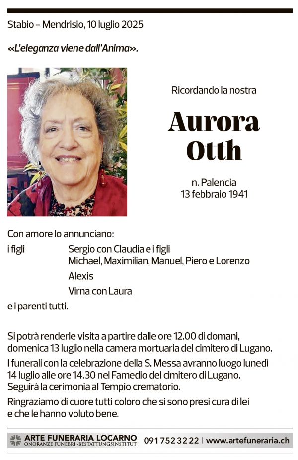 Annuncio funebre Aurora Otth