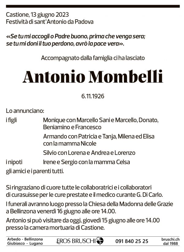 Annuncio funebre Antonio Mombelli