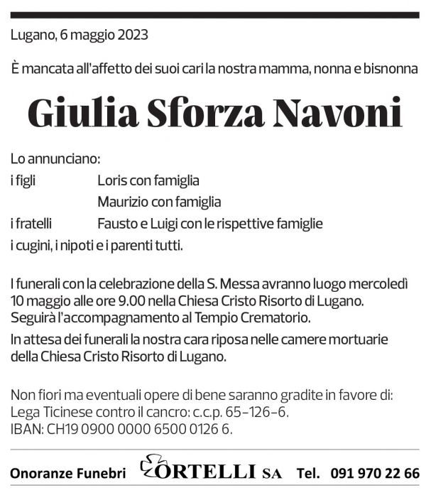 Annuncio funebre Giulia Sforza Navoni