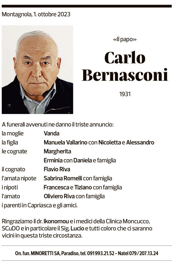 Annuncio funebre Carlo Bernasconi