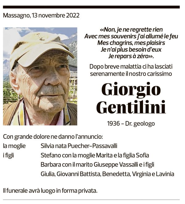 Annuncio funebre Giorgio Gentilini