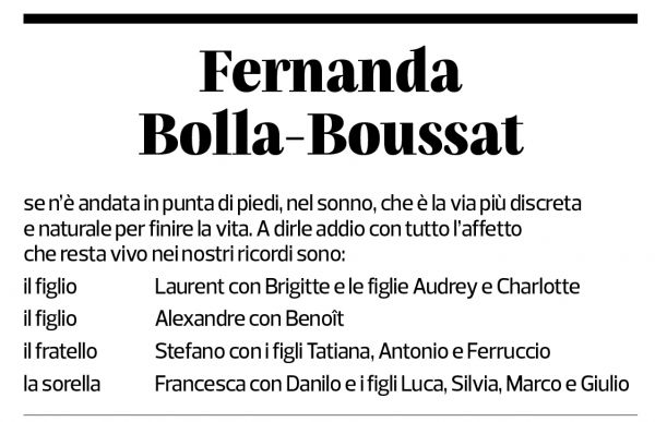 Annuncio funebre Fernanda Bolla-boussat