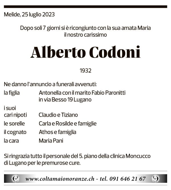 Annuncio funebre Alberto Codoni