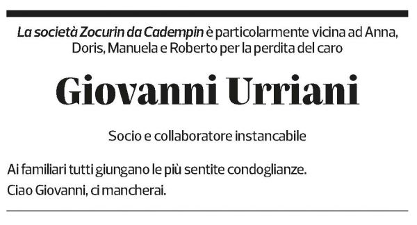 Annuncio funebre Giovanni Urriani