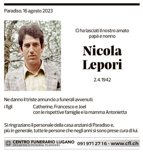 Annuncio funebre Nicola Lepori