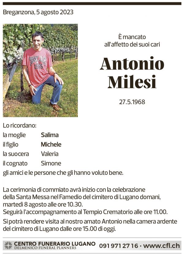 Annuncio funebre Antonio Milesi