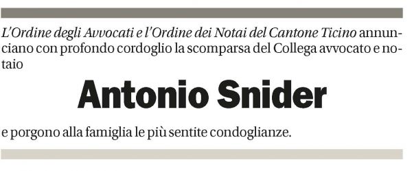 Annuncio funebre Antonio Snider