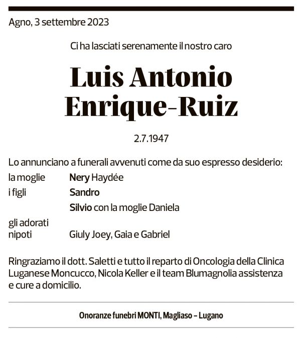 Annuncio funebre Luis Antonio Enrique-ruiz