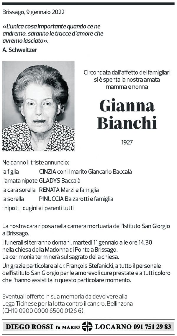 Annuncio funebre Gianna Bianchi