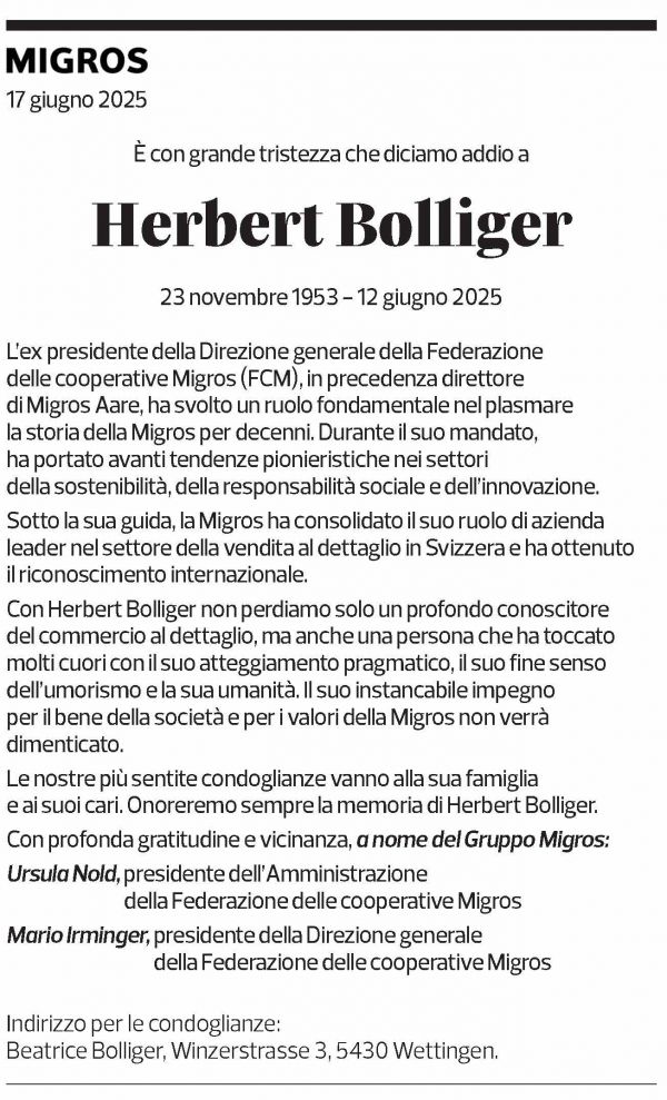 Annuncio funebre Herbert Bolliger
