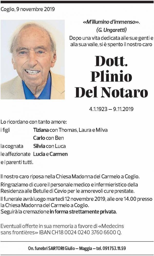 Annuncio funebre Plinio Del Notaro