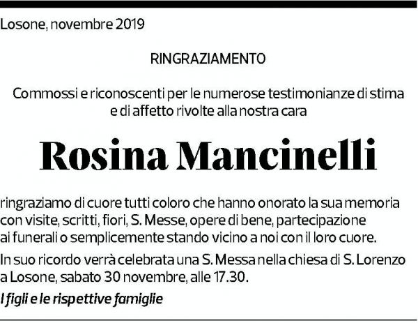 Annuncio funebre Rosina Mancinelli