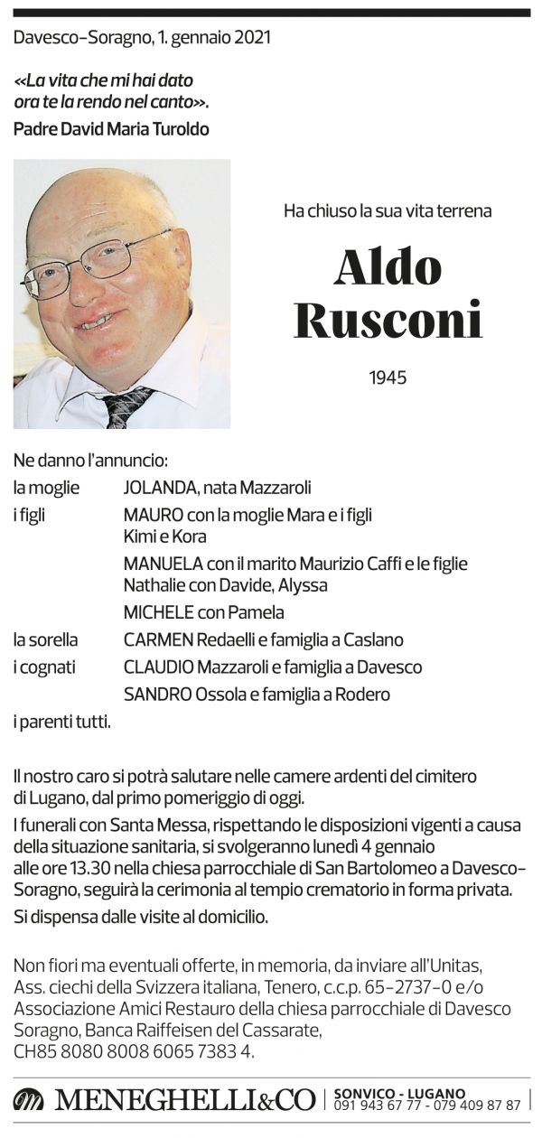 Annuncio funebre Aldo Rusconi