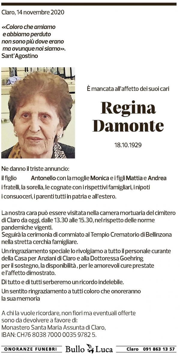 Annuncio funebre Regina Damonte