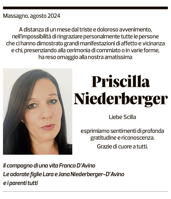 Annuncio funebre Priscilla Niederberger