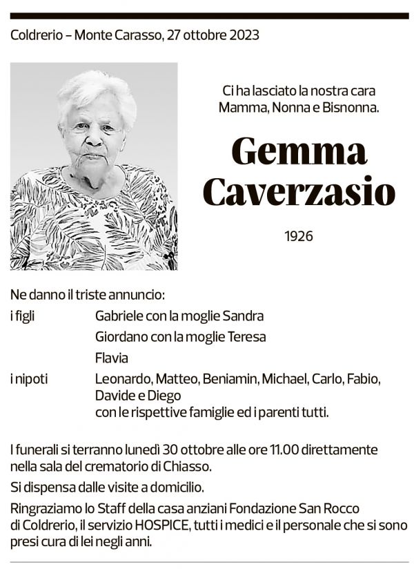 Annuncio funebre Gemma Caverzasio