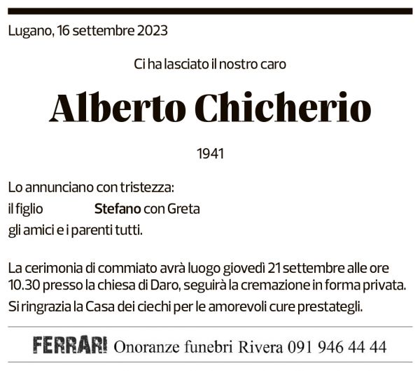 Annuncio funebre Alberto Chicherio