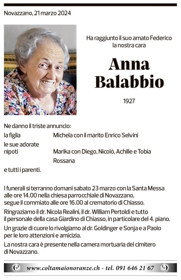 Annuncio funebre Anna Balabbio