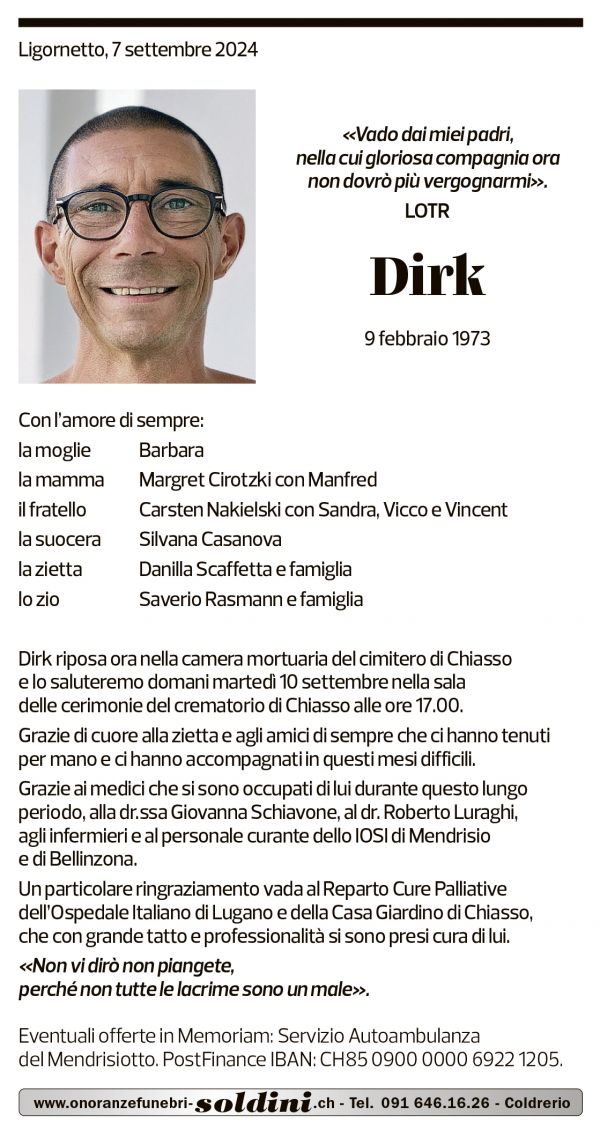 Annuncio funebre Dirk Nakielski