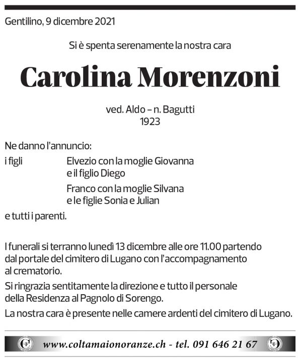 Annuncio funebre Carolina Morenzoni