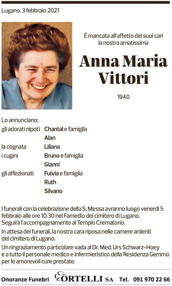 Annuncio funebre Anna Maria Vittori