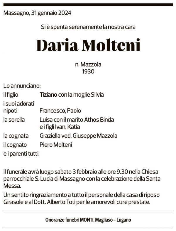 Annuncio funebre Daria Molteni