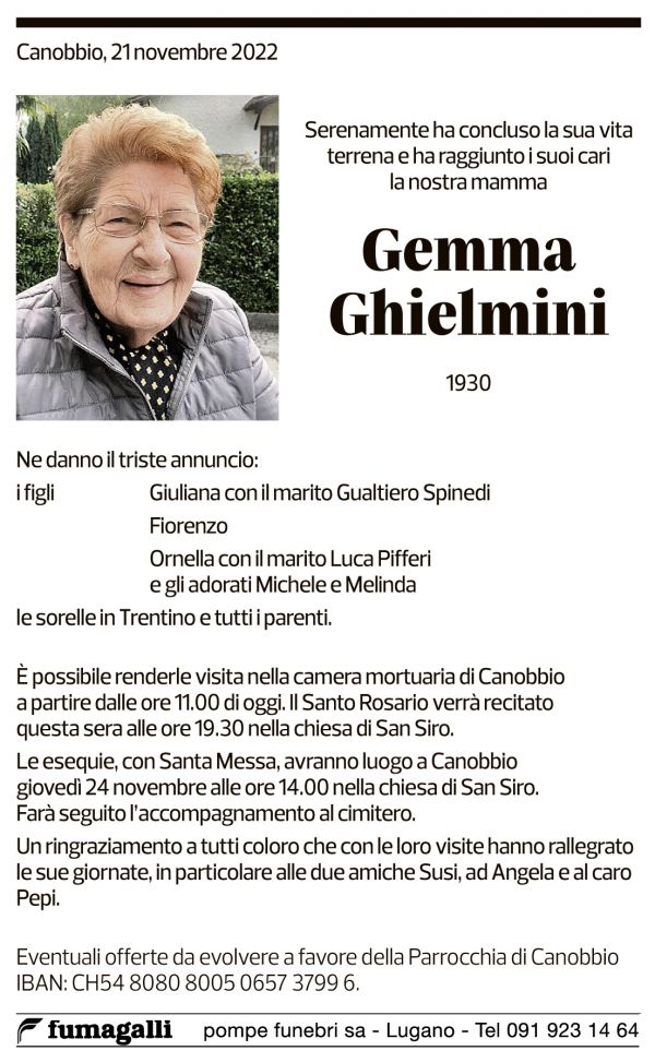 Annuncio funebre Gemma Ghielmini