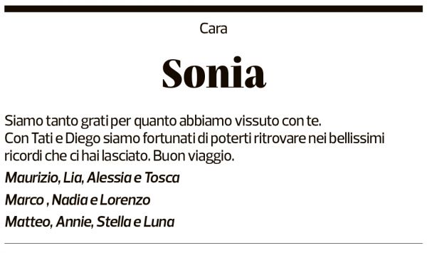 Annuncio funebre Sonia Orelli