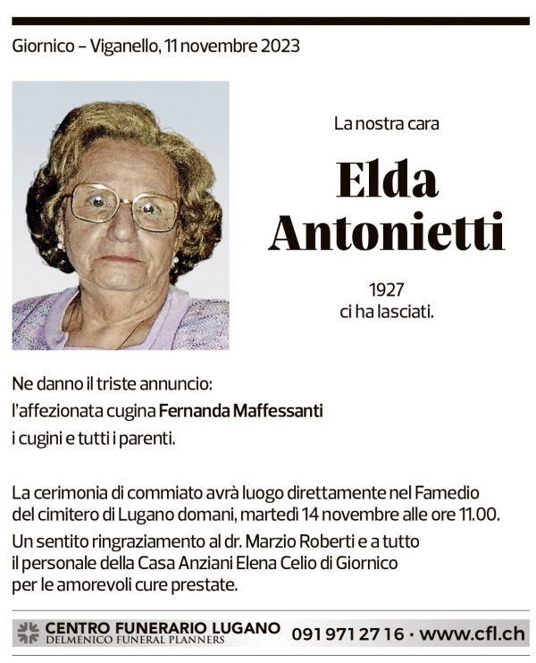 Annuncio funebre Elda Antonietti