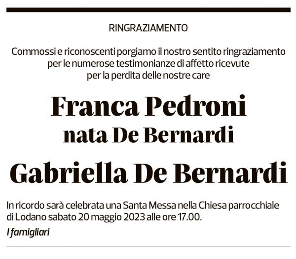 Annuncio funebre Franca E Gabriella De Bernardi