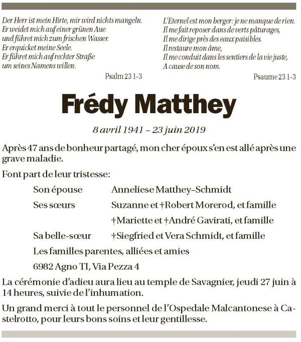 Annuncio funebre Frédy Matthey
