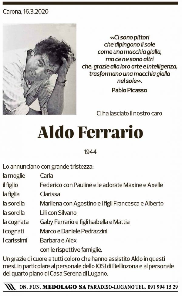 Annuncio funebre Aldo Ferrario